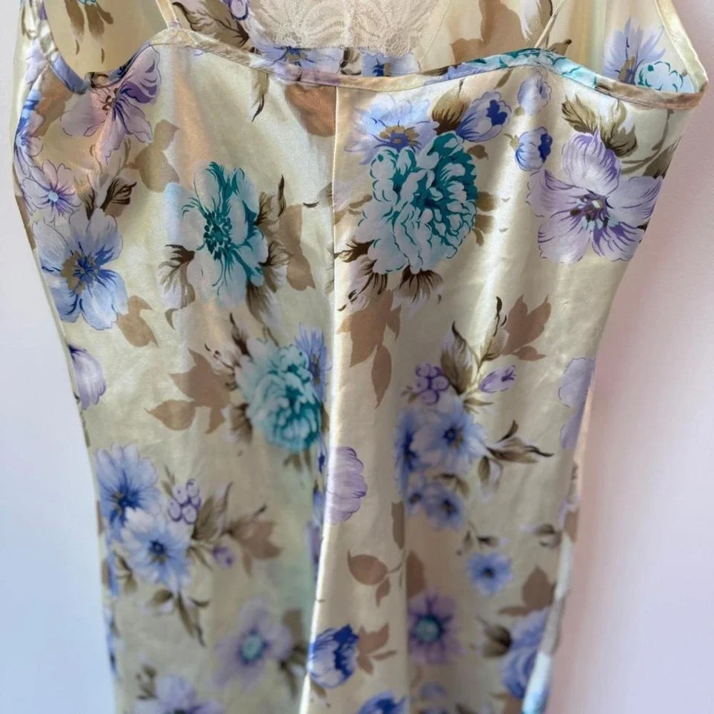 Floral Satin Nightgown Lingerie Lace Trim Romantic Cottagecore Slip Dress‎ Sz S